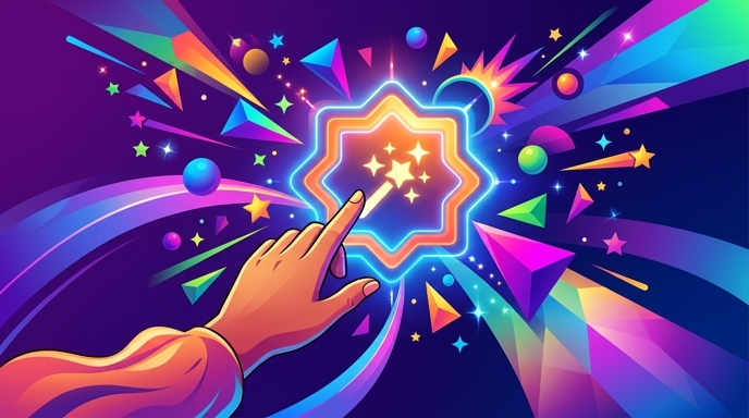 Celebratory illustration of a creative builder tool launch with glowing interface and geometric shapes