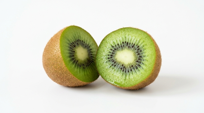 Two kiwi halves showing bright green flesh and black seeds