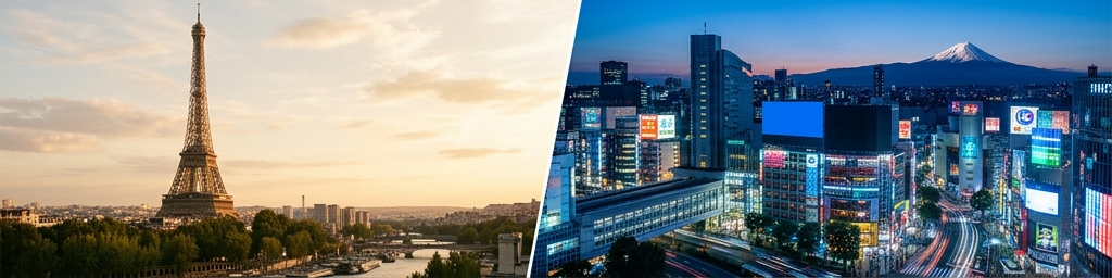 Split image of Paris Eiffel Tower and Tokyo cityscape with Mount Fuji