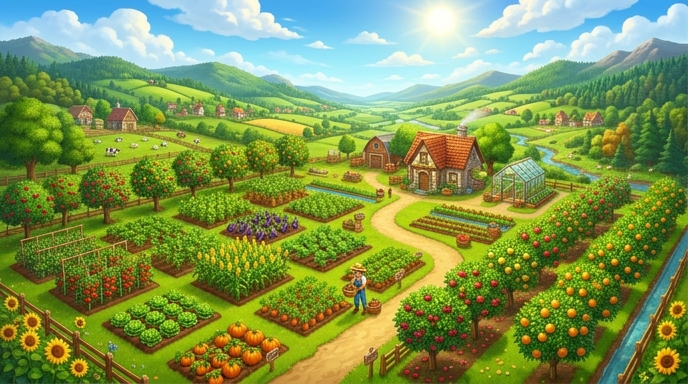 fruiting valley farming game with colorful crops and trees in a sunny valley