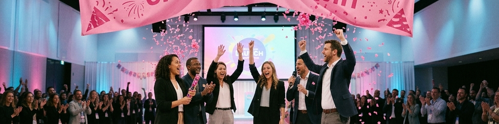 Festive announcement photo with pink banner and celebration atmosphere