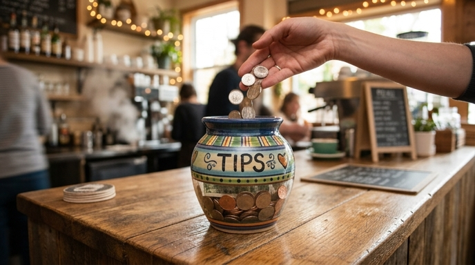 A tip jar with coins, representing a tipping interface