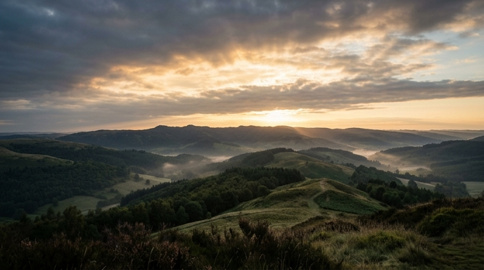 Soft golden dawn light breaking through clouds over misty hills