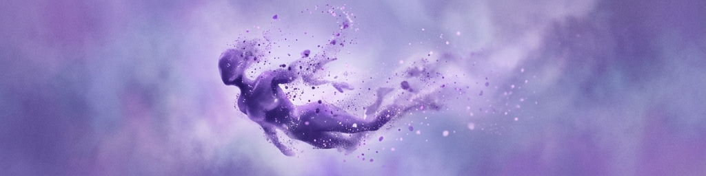 Abstract purple figure disintegrating into particles and dust against a dreamy ethereal background